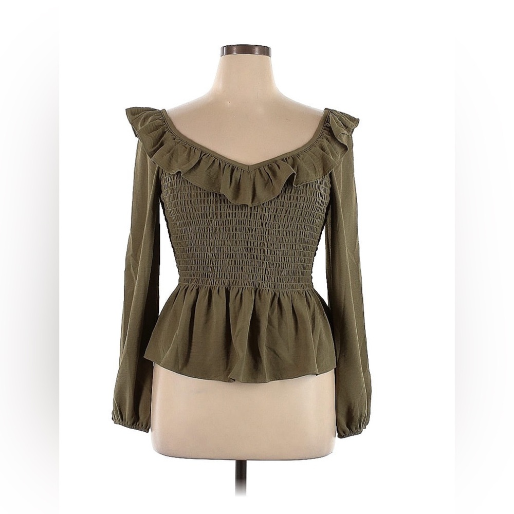 Altar’d State Smocked Sweetheart Neckline Blouse, Olive Green, Size XL, EUC!